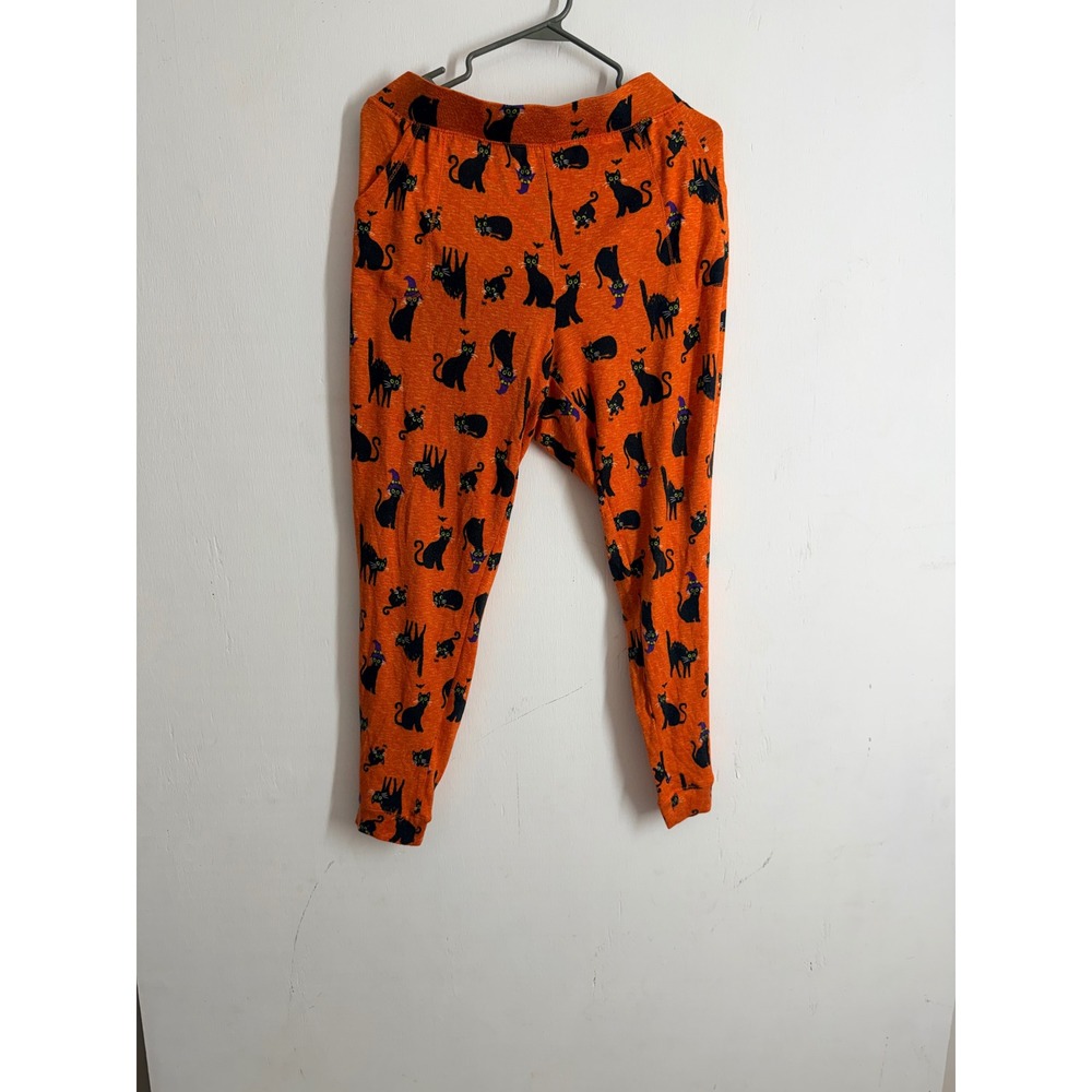 Halloween Black Cat Joggers Orange Witch Hat Spooky Lounge Pajama Pants L